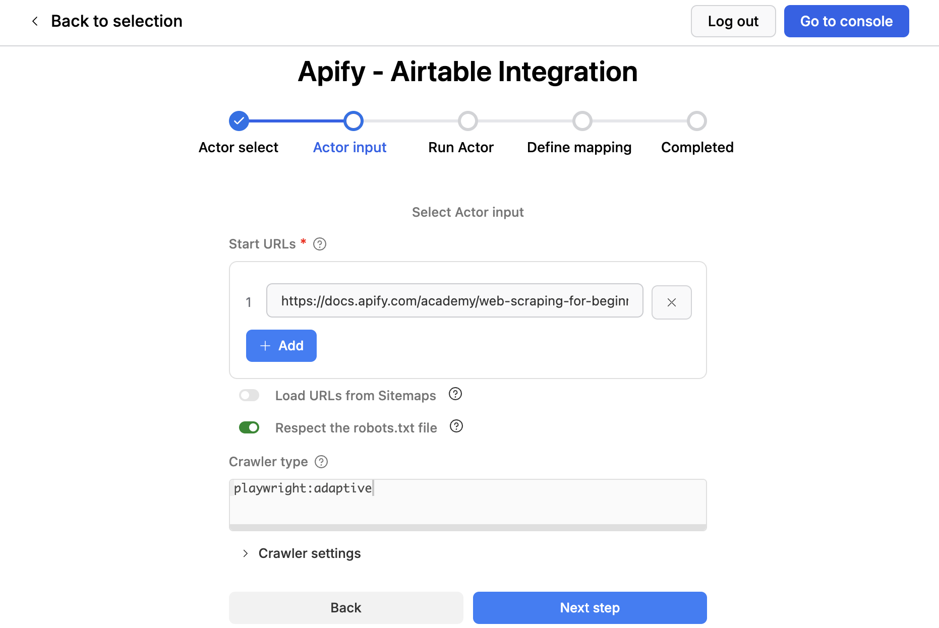 Configure Actor screen